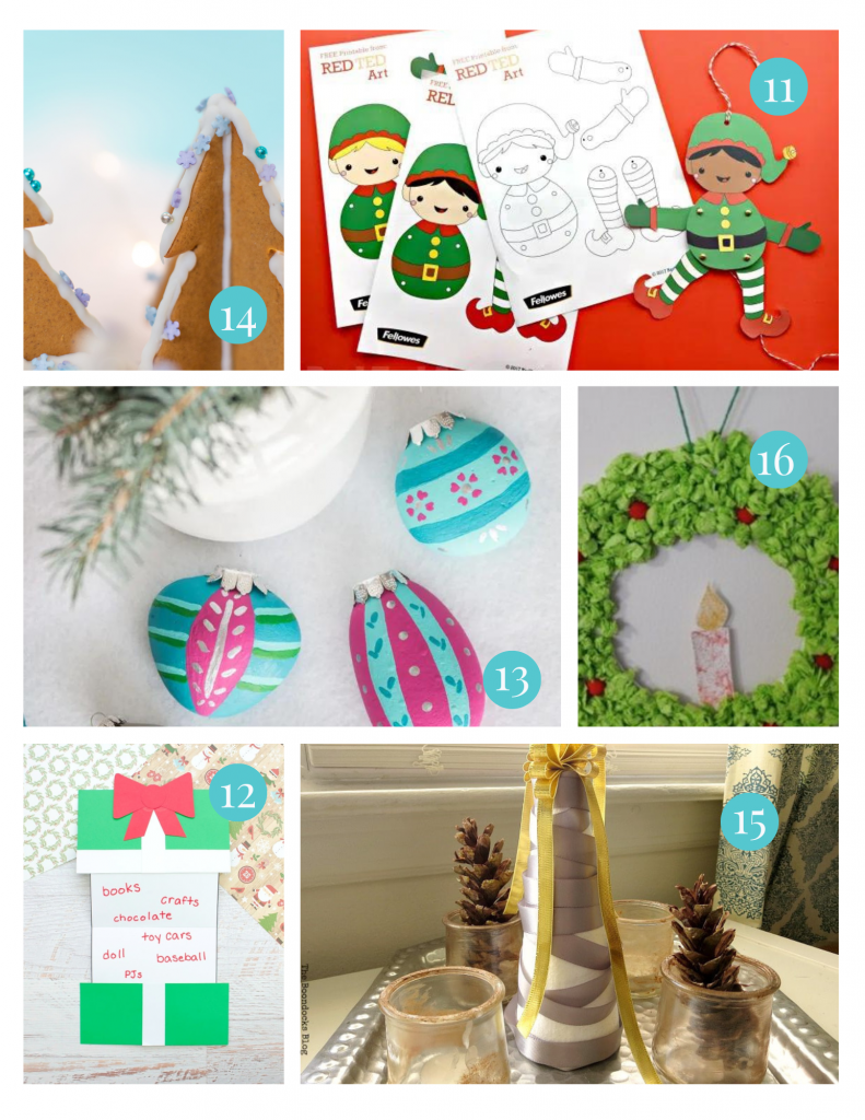 Kids Christmas Crafts; paper elves, gingerbread trees, painted rocks, ribbon tree, wish list and paper wreath